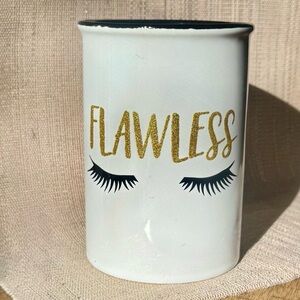 🤍 White Ceramic Makeup Brush Holder -  Gold glittery "Flawless" w/ lashes 🤍
